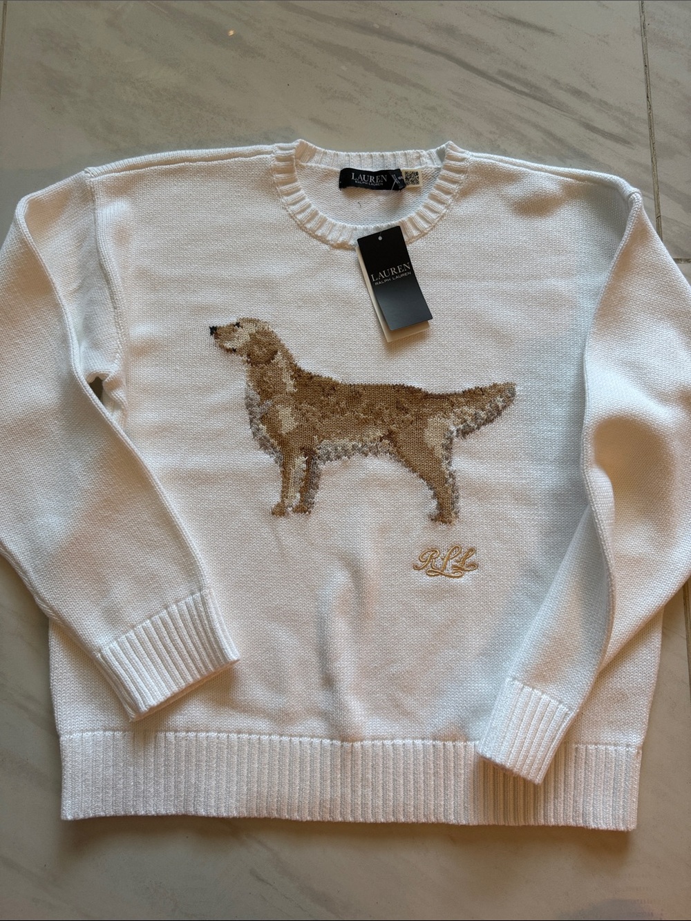 Lauren Ralph Lauren Ivory Sweater with Brown Dog Intarsia